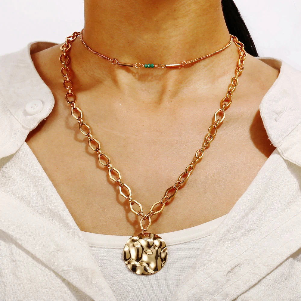 

Vintage Multilayer Pendant Necklace Women Geometric Metal Disc Rice Beads Chain Choker Fashion Jewelry Gift for the New Year