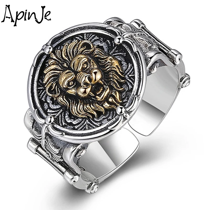

Мужское и женское винтажное Открытое кольцо Apinje из серебра 925 пробы, с головой льва, дракона, звезды, байкерское ювелирное изделие