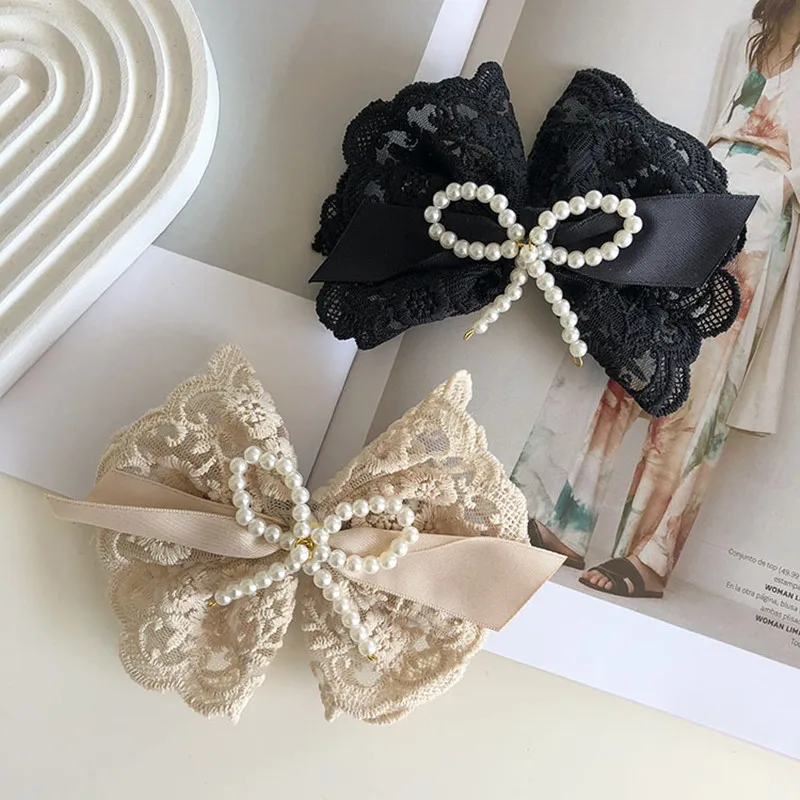 Заколка для волос с жемчужным бантом и кружевом модный аксессуар Женская резинка