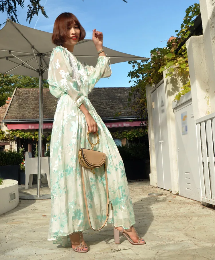 Женское длинное платье из смеси шелка и вискозы с цветочным принтом рукавом до