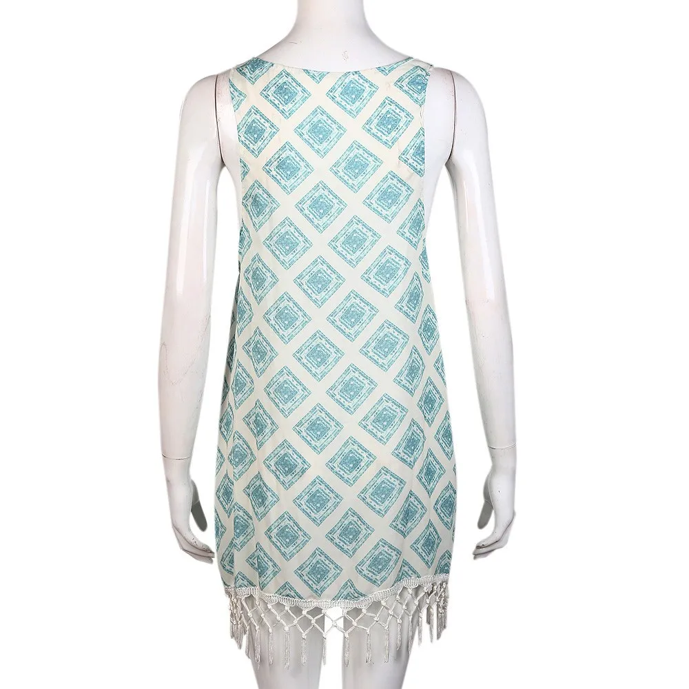 Женское пляжное платье без рукавов повседневное в клетку с кисточками и вязаным