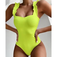 2020 new sexy neon green ribbed swimwear one piece swimsuit women ruffled monokini female thong bathing suit swim bodysuit