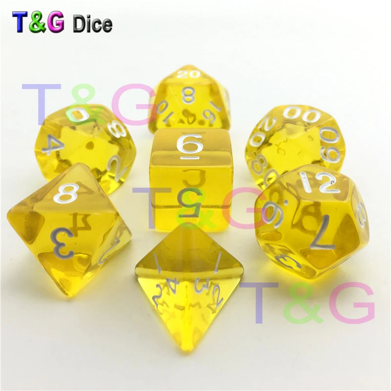 T & G кости 7 шт./лот Высокое качество желтые прозрачные D4 d6 d8 d10 % d12 d20 набор игра rpg