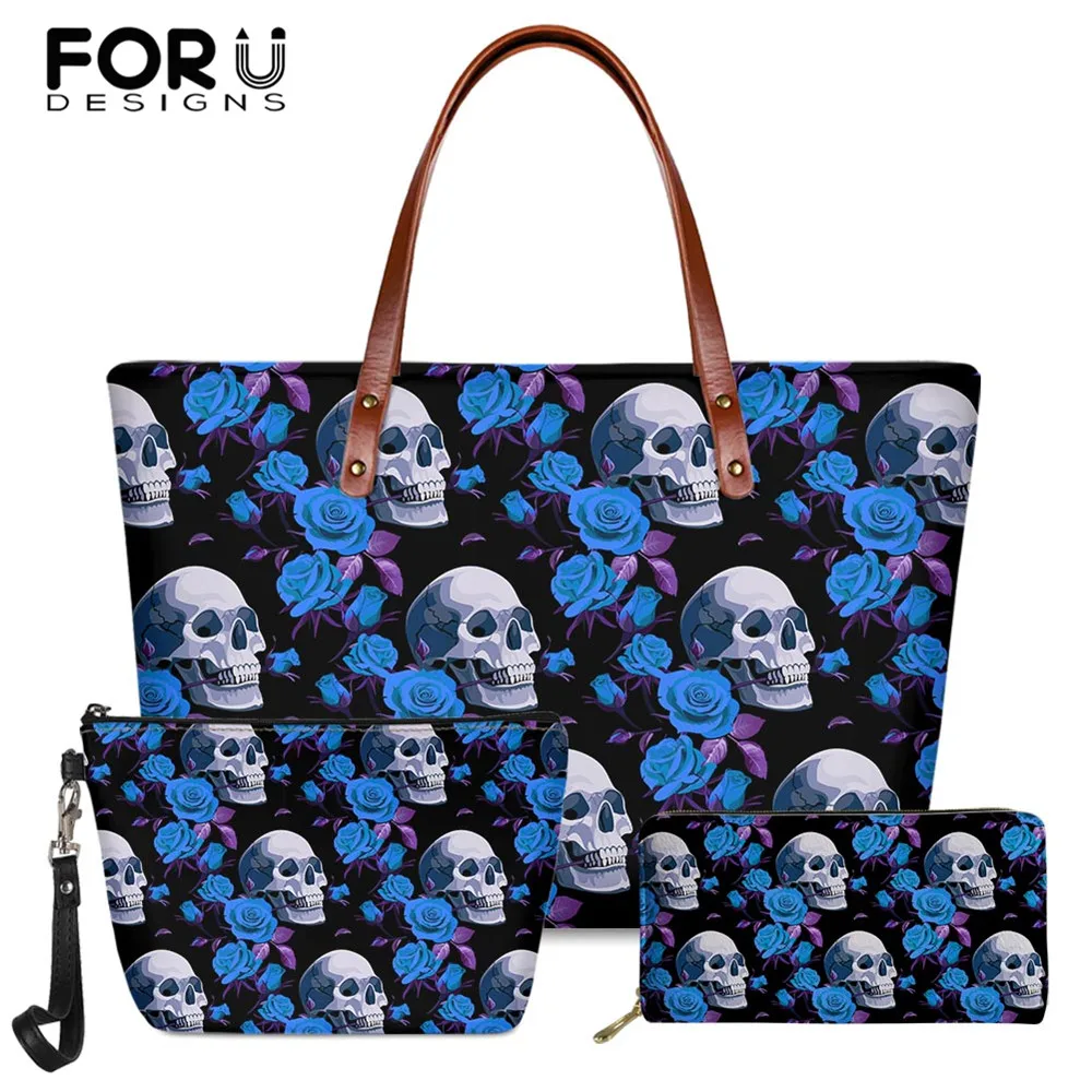 

FORUDESIGNS Blue Skull Floral Print Women's Shoulder Bag Luxury Designer Handbag Large Capacity Tote Bag Pu Purse 3Set Sac Femme