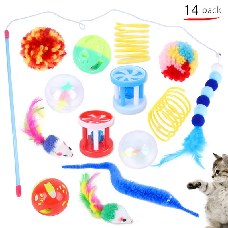 14 штук, игрушки для домашних животных, забавная кошачья интерактивная игрушка, палка для кошек, колокольчик, перьевая игрушка, игрушки для к...