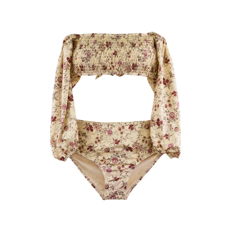 

New Long Sleeve Sun Protection Vintage Floral Puff Sleeve Pleated High Waist Split Swimsuit Women's Hot Spring Swimsuit Asian