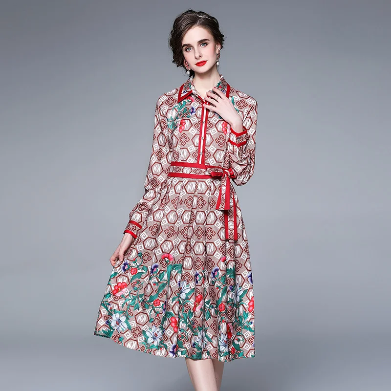 

Flower Print Big Shirt Dresses Summer Chiffon Bohemian Women Boho Medium Dress Full Sleeve Single Breasted Vintage Dresses 2021