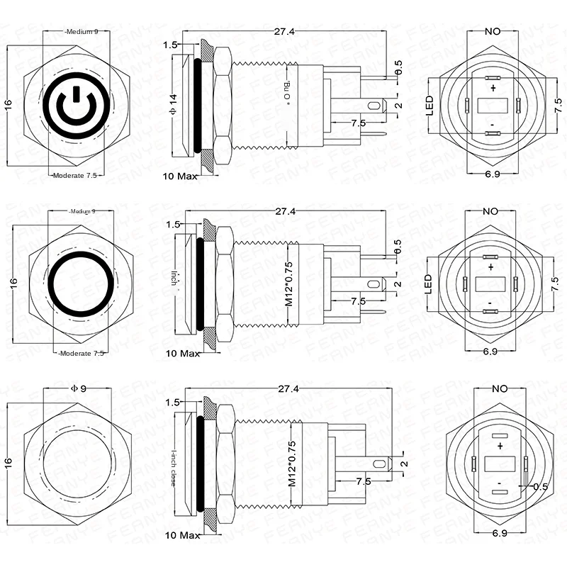 

12mm Stainless Steel Metal Button Switch Self-Locking Ring Power Symbol Waterproof Self-Locking Small round with Light