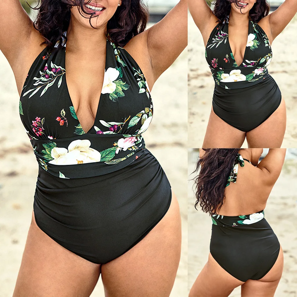 Купальник женский бикини большого размера с цветочным принтом и рюшами высокая