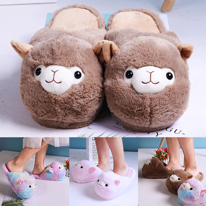 

Winter Warm Plush Parent-child Shoes Women Cute Cartoon Alpaca Fur Slippers Home Floor Slides House Flat Bedroom Furry Slippes