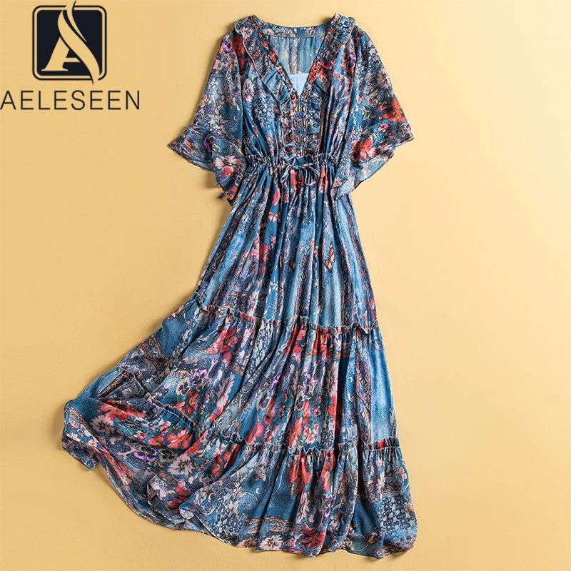 

Женское пляжное платье AELESEEN, с широким рукавом, V-образным вырезом, вышивкой бисером, цветочным принтом и оборками, лето 2021