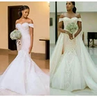 Женское свадебное платье с юбкой годе, элегантное платье со съемным шлейфом, открытыми плечами, аппликацией и шлейфом, лето 2020