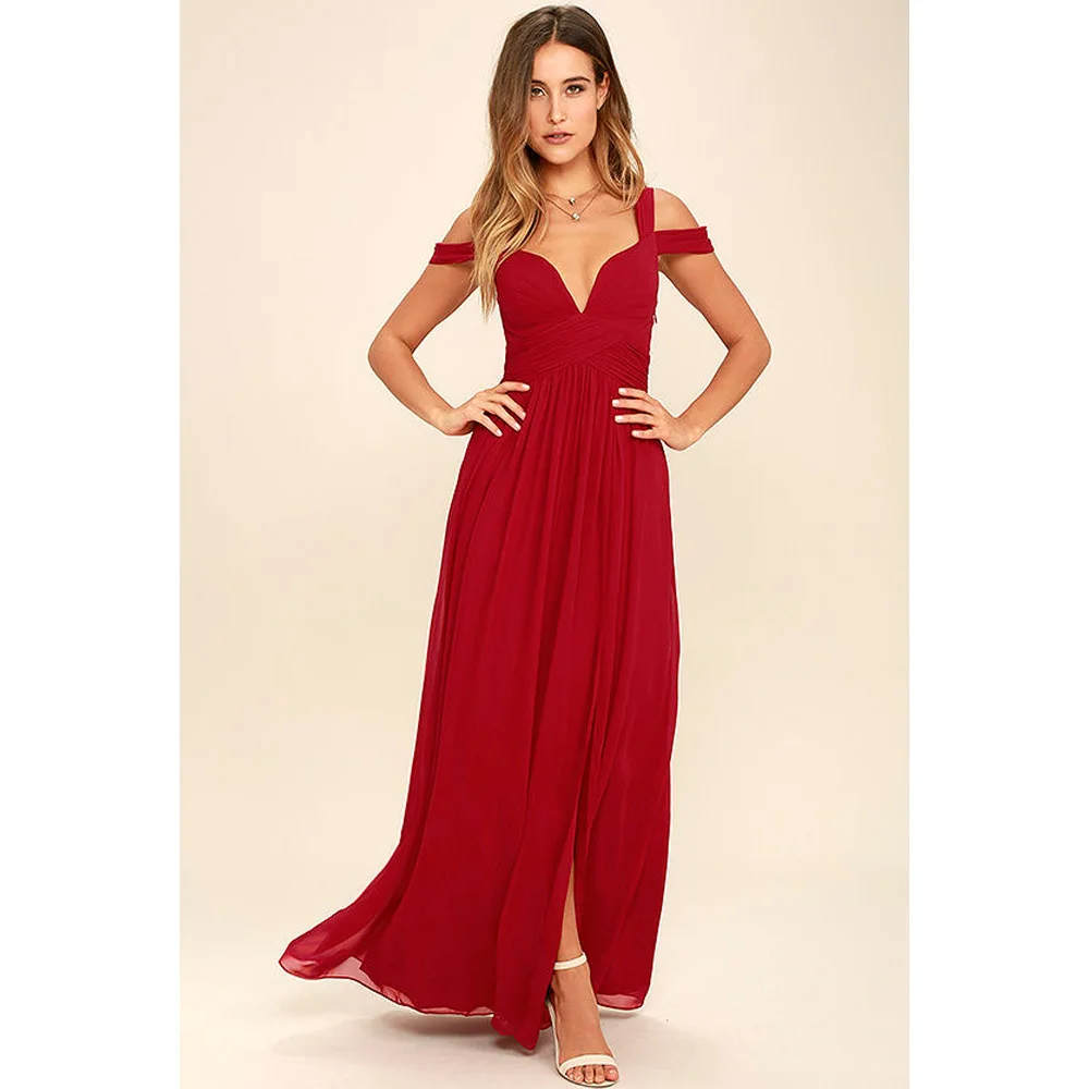 

LD-1015#European and American sexy party Evening dress sexy fashion split shoulder long wine red navy blue white Ping Chiffon