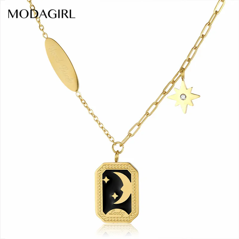 

MODAGIRL Good Luck Stainless Steel 18k Gold Plated Moon Star Rectangle Pendant Necklace Retro Black Enamel Clavicle Chain