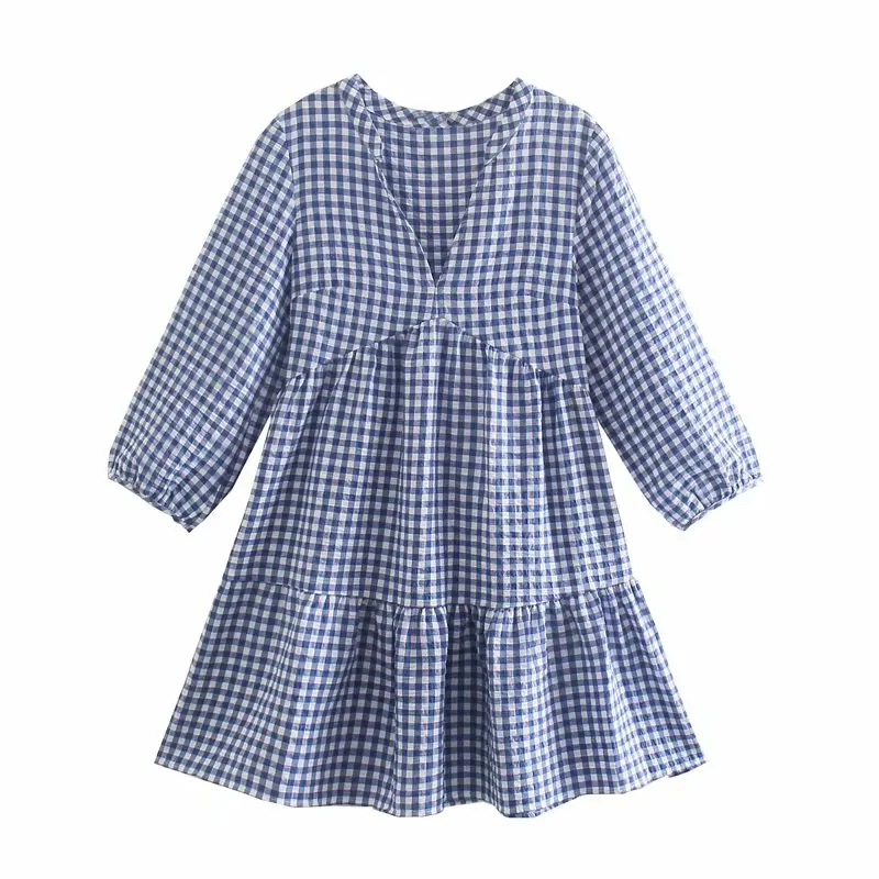 

V-neck Puff Sleeve Ruffles Dress Woman Elegant Long Sleeve Dresses ZA Spring Summer Plaid Printed Dress Women 2021 New Arrival