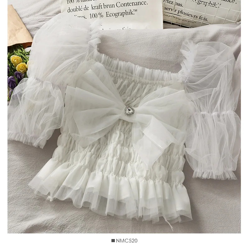 

Perspective Tops Female Bowknot Square Collar Puff Sleeve Ruffle Shirt Blouse Women Korean Fashion Clothes Summer 2020