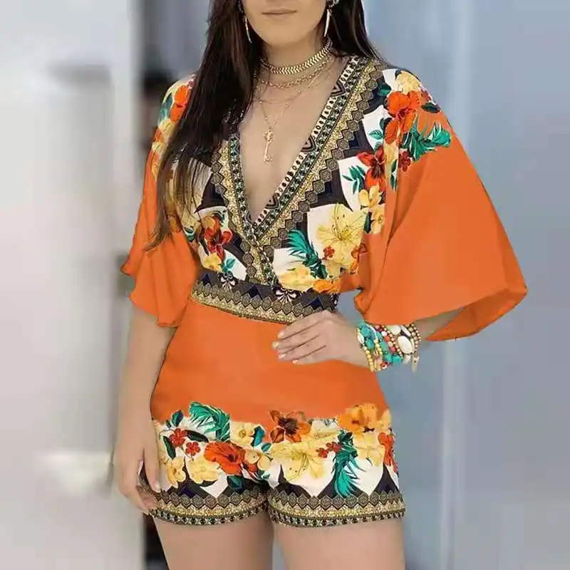 

Overalls For WomenSexy Floral Print Combinaison Deep VNeck Short Pants Backless Summer Female Jumpsuit Office Lady 2021 AB163
