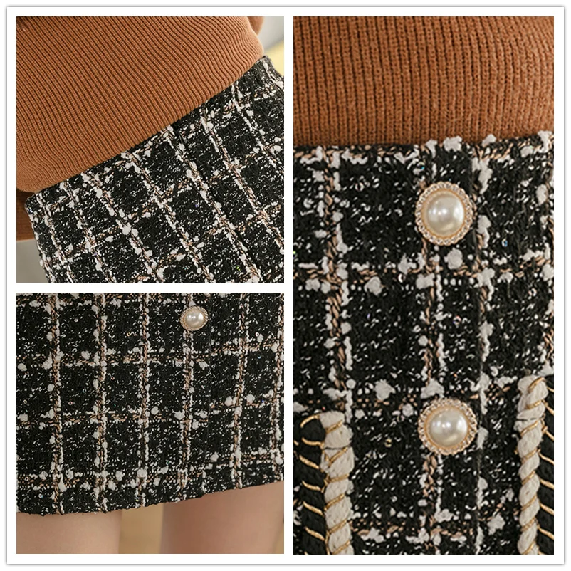 

Jupe en Tweed pour femmes, Mini jupe crayon a carreaux en laine, taille haute, elegante, automne hiver