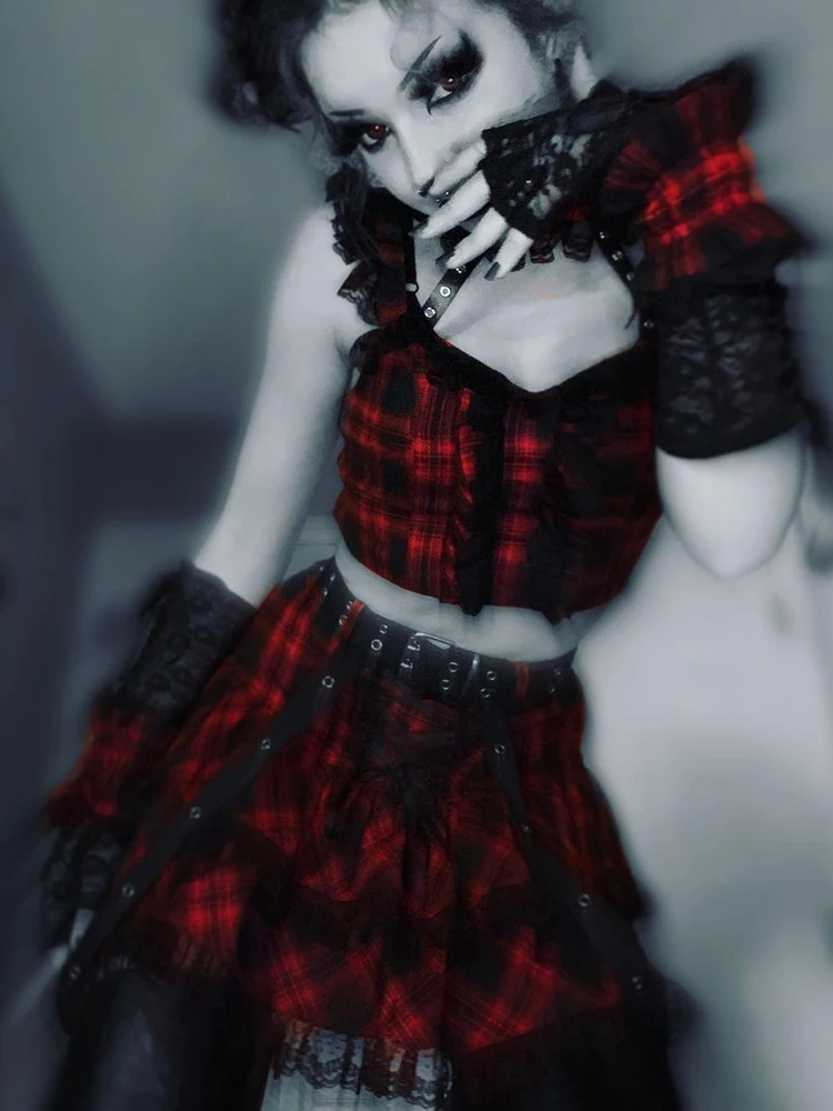 Пикантный комплект InsGoth в стиле панк Фея гранж с V-образным вырезом Y2K эстетичные