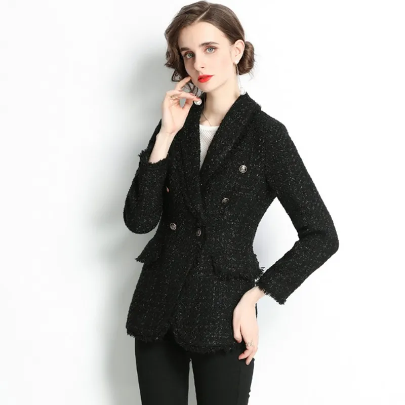 

Женский твидовый двубортный Блейзер, винтажная верхняя одежда с длинным рукавом