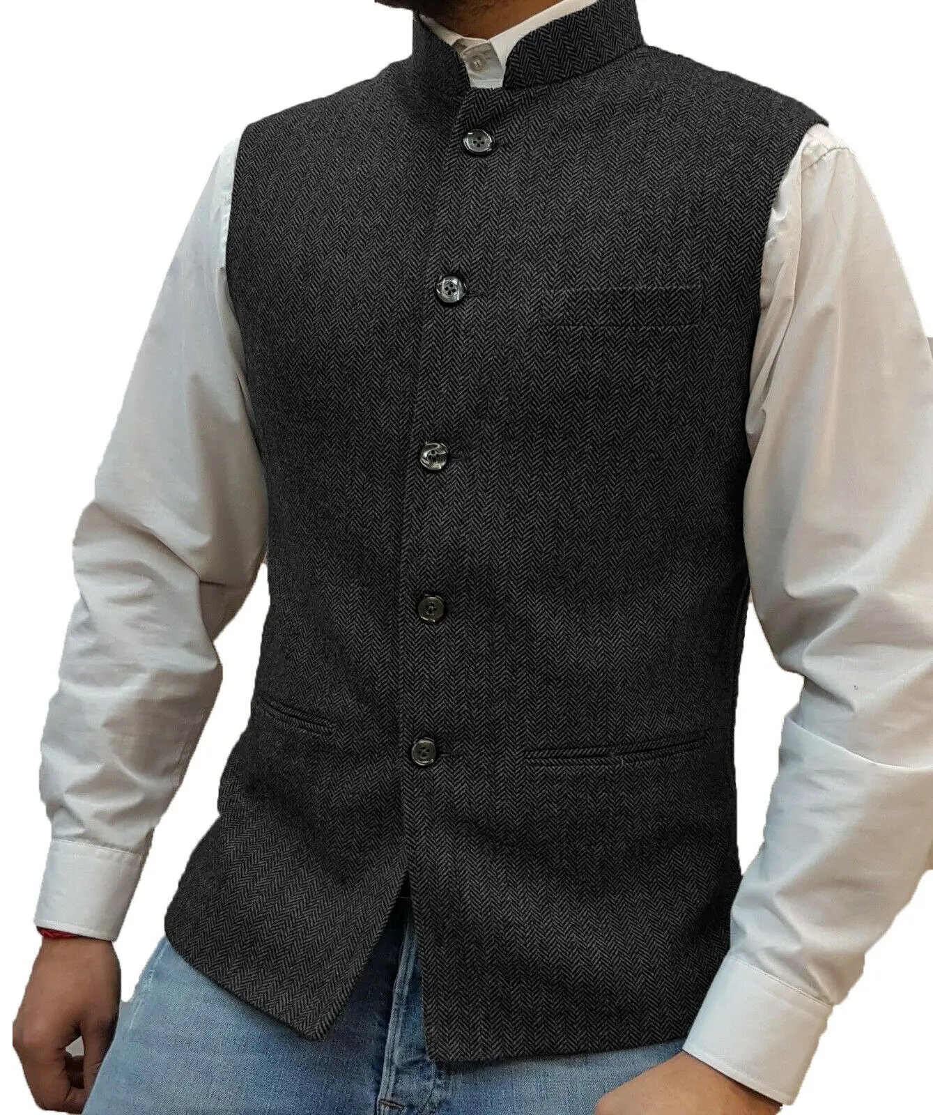 Men's Vest Stand-up Collar Herringbone Suit Vest Steampunk Style Wedding Groom Waistcoat