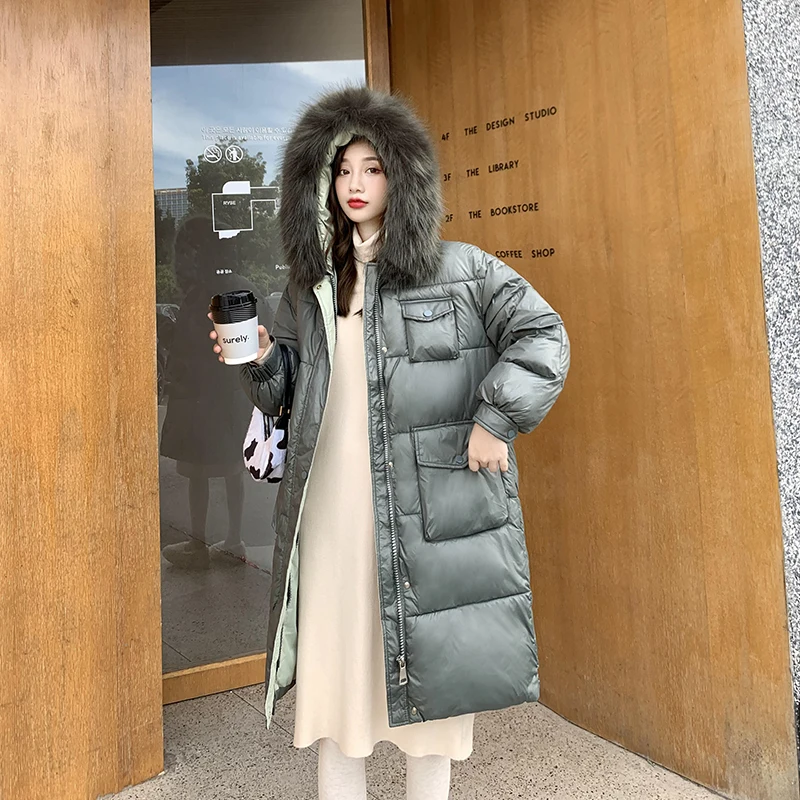 

FTLZZ New Winter Women Long Parka Artificial Fur Collar Hooded Thick Warm Black Cotton Coat Windproof Loose Big Pocket Outwear