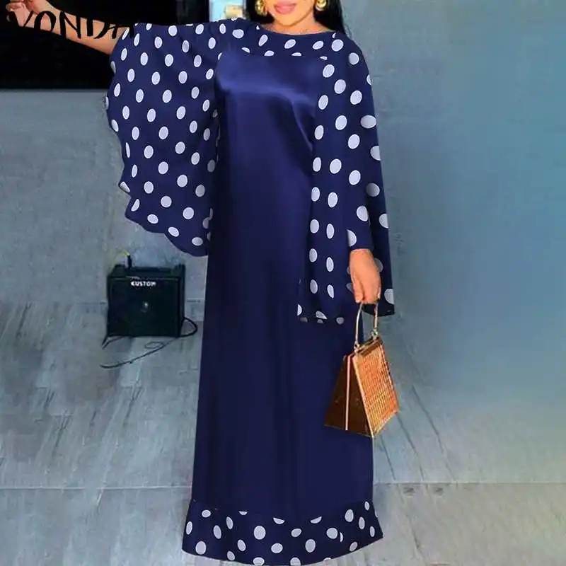 

Vintage Kaftan Dress Women Polka Dot Party Maxi Long Dress 2021 VONDA Casual Robe Femme Office Ladies Sundress Vestidos Feminina