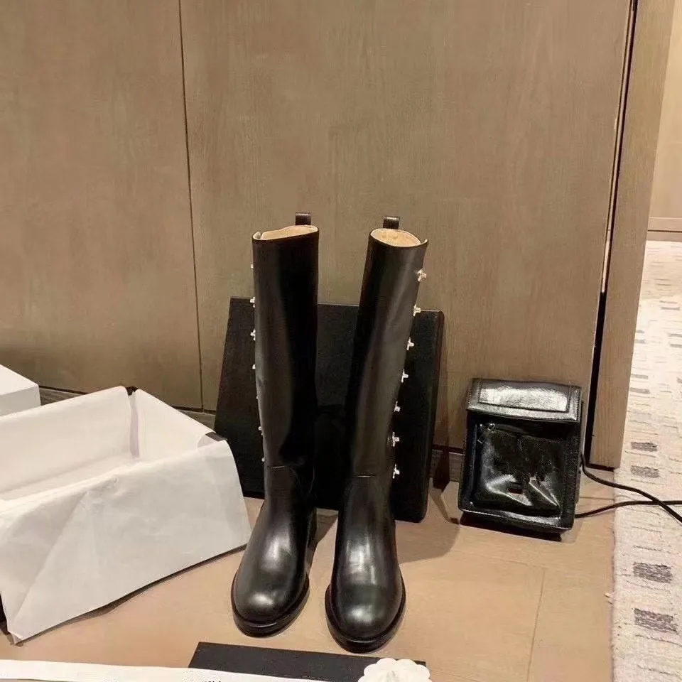 

Womens Knee-length Boots 2021 Autumn/Winter New Fashion Shoes Woman Luxury Button Boots Genuine Leather Square Heel Riding Boots