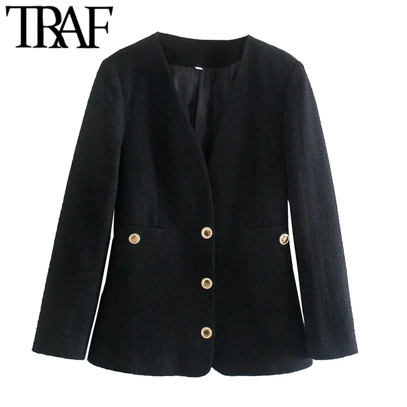 

TRAF Women Fashion Fitted Tweed Blazer Coat Vintage Long Sleeve Welt Pockets Female Outerwear Chic Veste Femme
