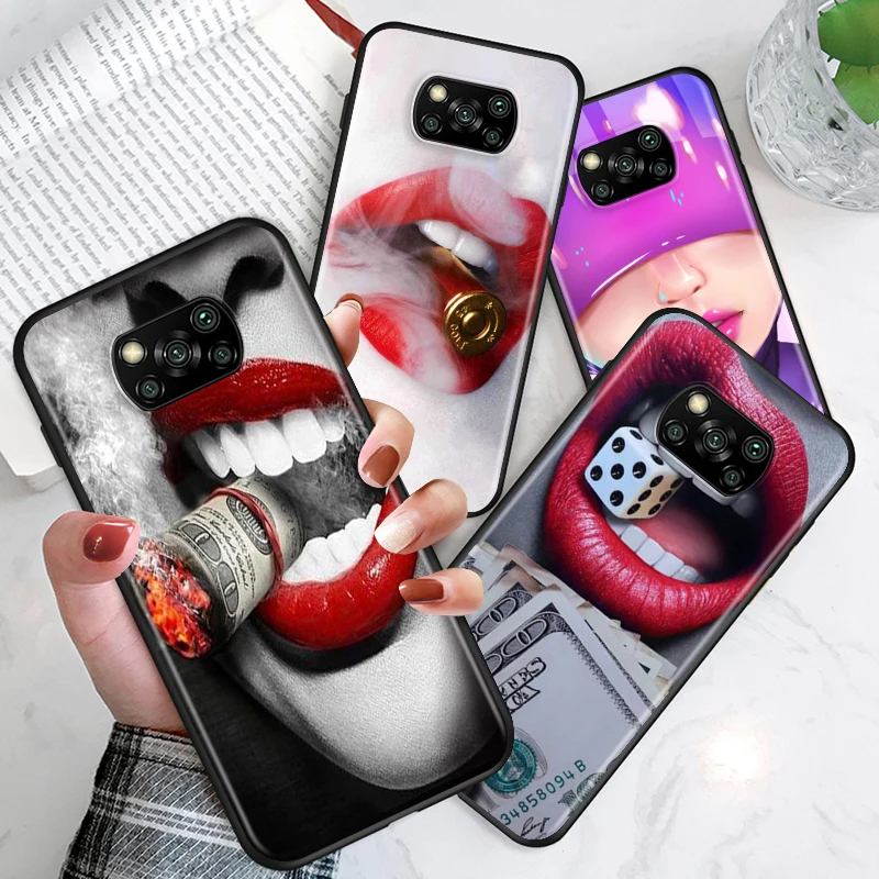 Black Cover Beauty Red Lips for Xiaomi Mi Mix 3 A3 A2 A1 Poco M3 M2 C3 X3 X2 NFC F2 F1 CC9 CC9E Pro Phone Case
