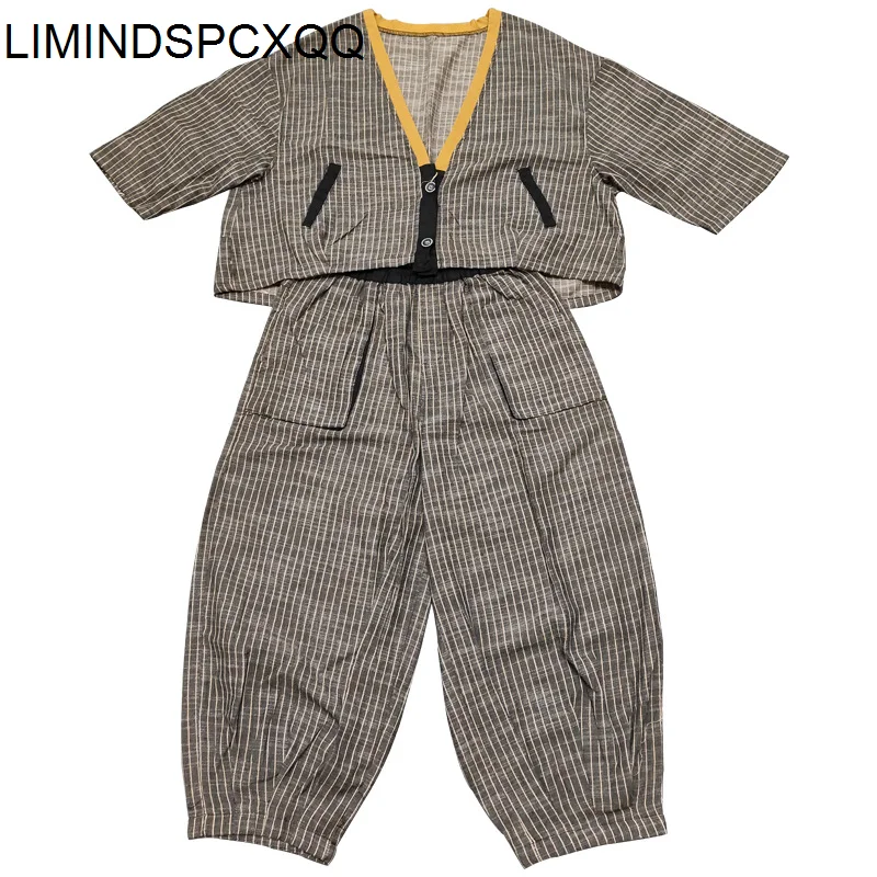 

LIMINDSPCXQQ Autumn 2021 British Suits Ladies Striped Casual Two Pieces Sets Women Loose Tops And Elastic Harem Pants Female