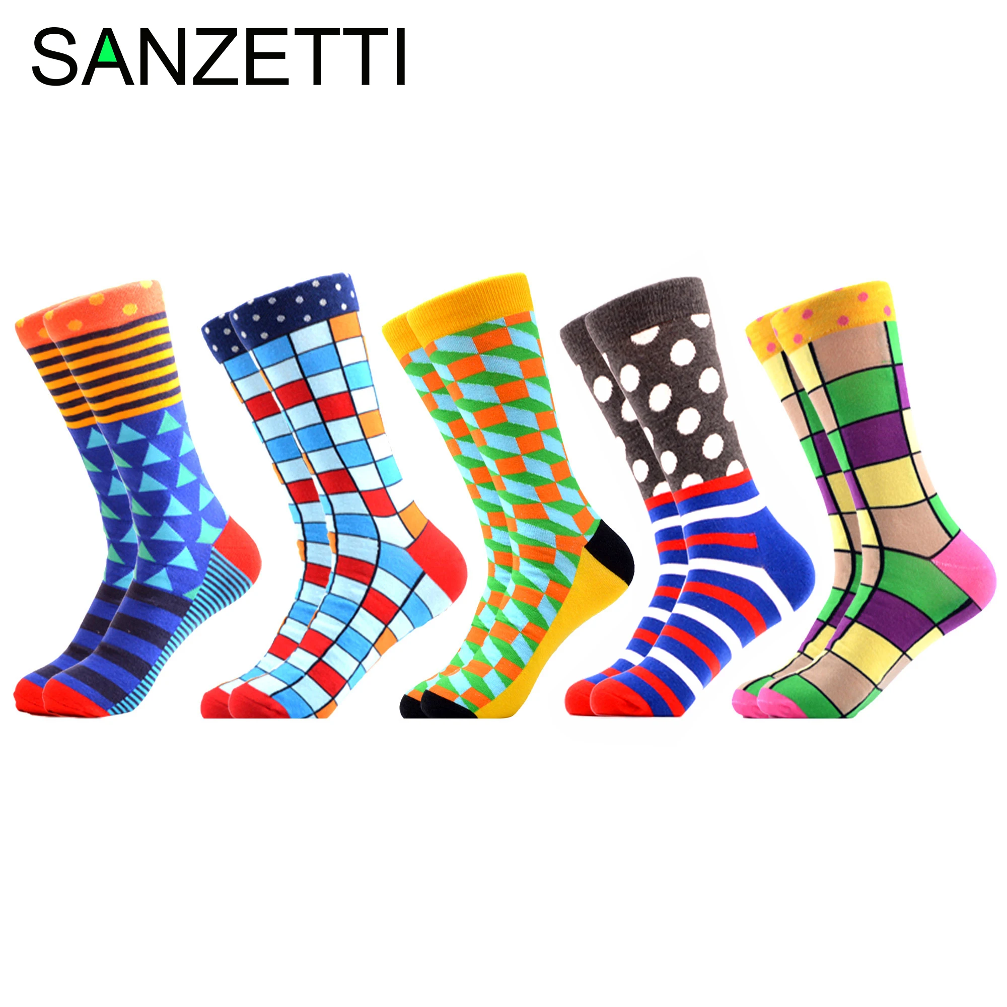 Красочные мужские носки SANZETTI 5 пар/лот из чесаного хлопка свадебные забавные в