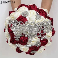 janevini luxury bridal wedding brooch bouquets artificial satin roses diamond burgundy ivory bridemaid flower bouquet customize
