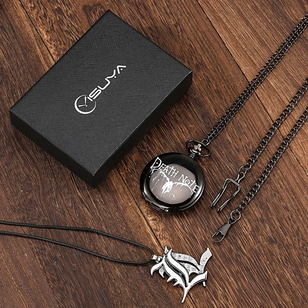 Black Classic Pocket Watch Set Man Quartz Clock Pendants Exquisite Men's Necklace Accessories Birthday Gift Box for Boyfriend