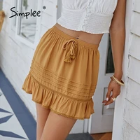 simplee holiday lace up ruffled mini skirt summer women tassel hollow out elastic waist short skirt casual solid fashion bottom