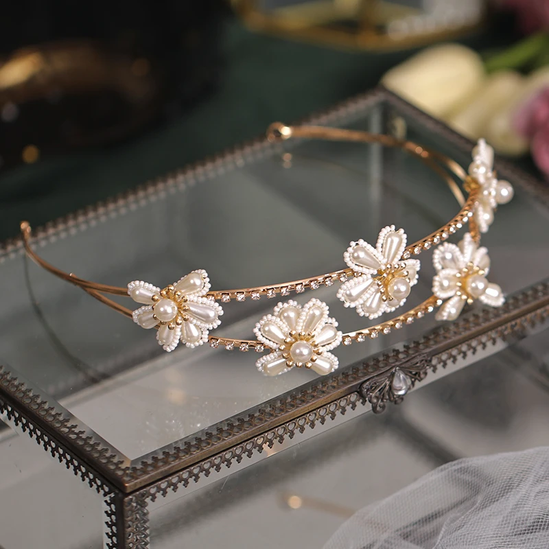 Vintage Gold Headbands Women Tiaras Crowns Wedding Bridal Hair Accessories Head Vines Pearls Flowers Diadems Jewelry Party Gift | Украшения