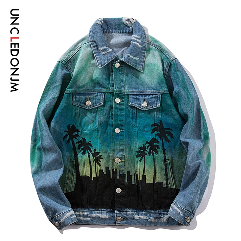 Мужская джинсовая куртка UNCLEDONJM в стиле хип-хоп с принтом пальмы | одежда