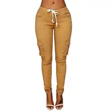 Pantalones informales de cintura alta para mujer, pantalones Cargo ajustados de Color sólido, con múltiples bolsillos, con cordón, para correr