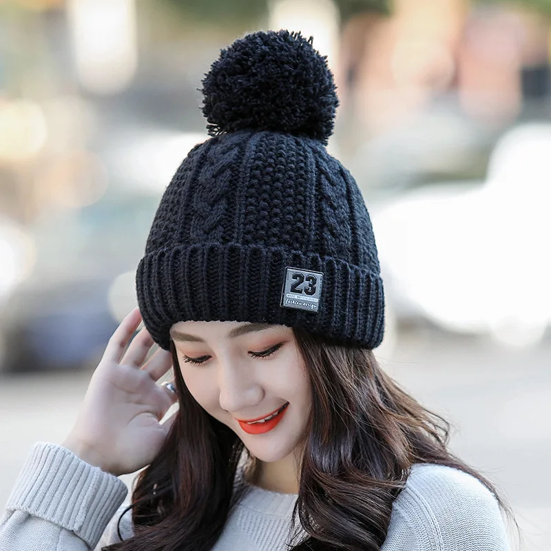 Calymel New Monochrome Knit Hat Big Hairball Fashion Sweet Cap Ski Plus velvet Thick wool Winter Warm Woman's | Аксессуары для