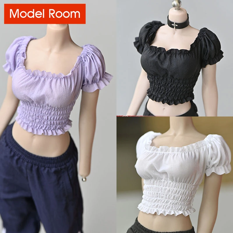 

1/6 Female Puff Sleeve Pleated Top Short T-shirt Clothes Model Fit 12'' PH TBL Soldier Action Figure Body Dolls