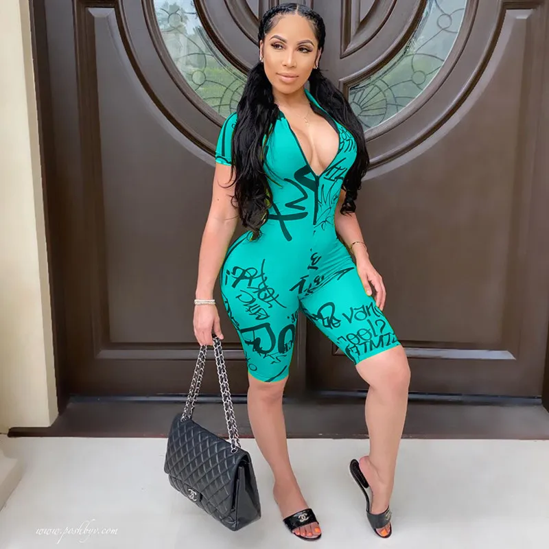 

Комбинезон женский спортивный костюм с надписью, пикантный велосипедный Ромпер на молнии с коротким рукавом, шорты, Ромпер, на лето