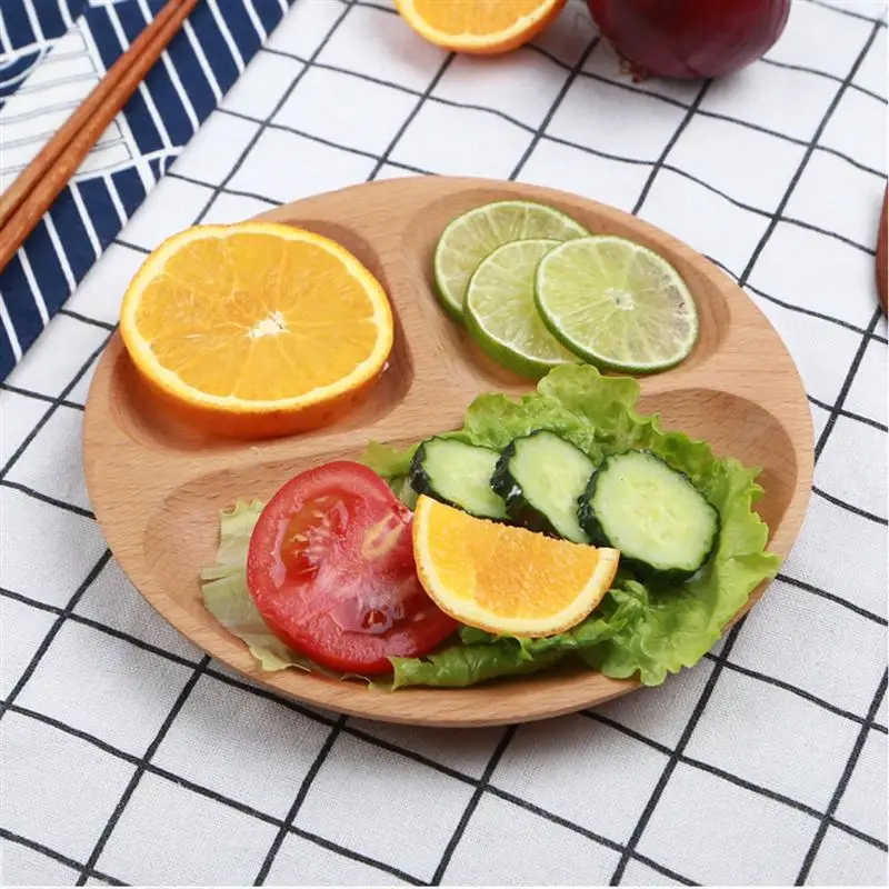 Деревянная круглая тарелка для еды 1 шт. 3 отсека десертная закуска посуда поднос