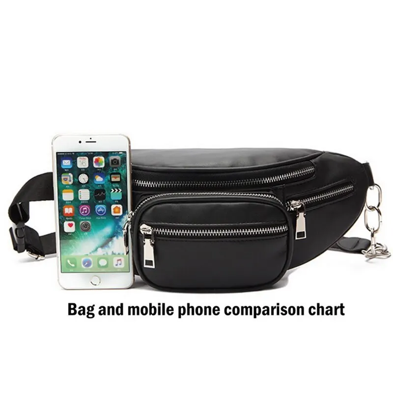 

Black Faux Leather Waist Bag Cell Phone Belt Bag Fanny Pack Bum Bag For Women Men Chain Fanny Pack Belly Bag Free Shipping