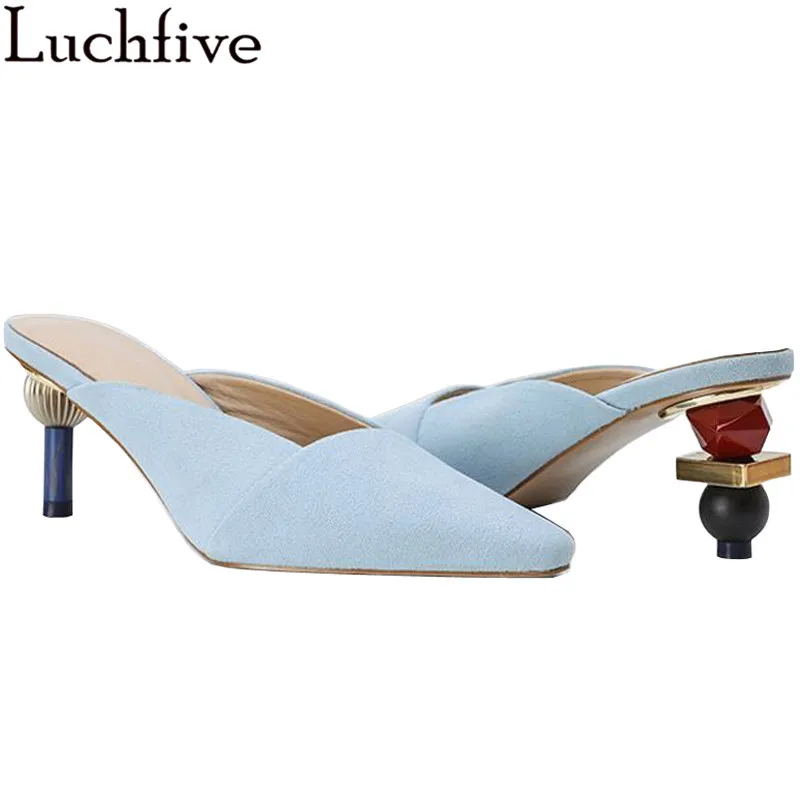 Женские замшевые туфли без задника с закрытым носком на высоком каблуке летние