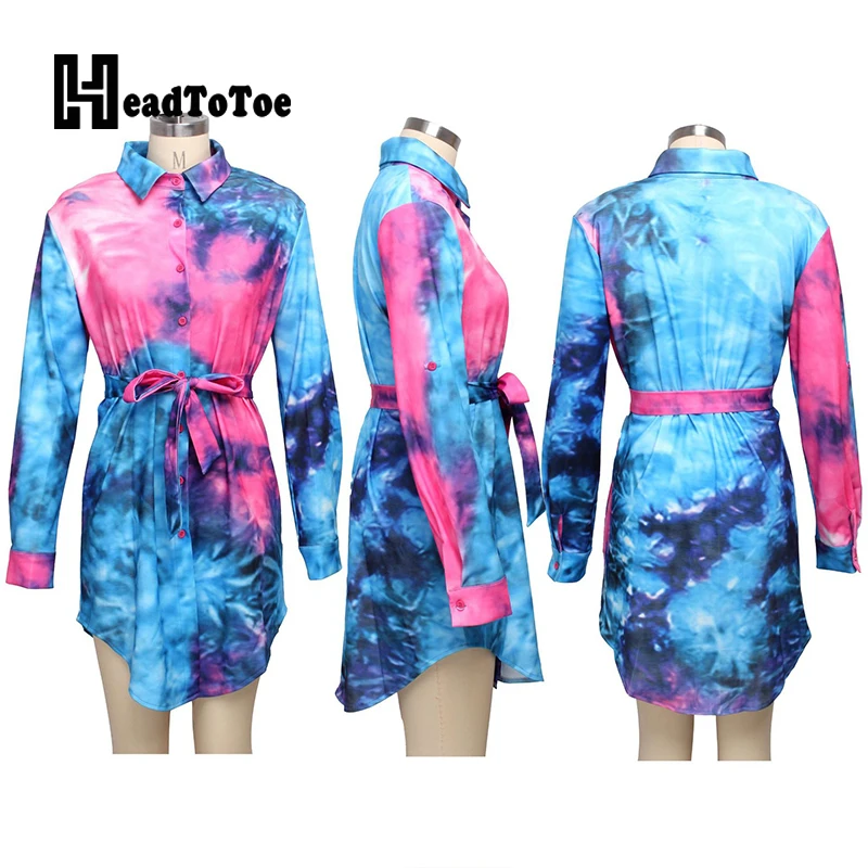 

Chic Tie Dye Print Belted Casual Shirt Dress Women Long Sleeve Turn Down Collar Elegant Dresses Plus Size