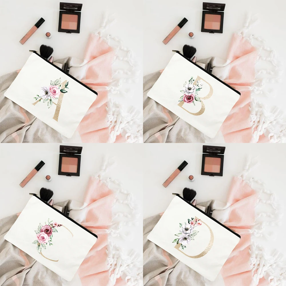 Initial Letter A-Z Flower Cosmetic Bag Harajuku Fashion Makeup Pouch Canvas Eco Canvas Funny Storage Bag Portable Travel Purse