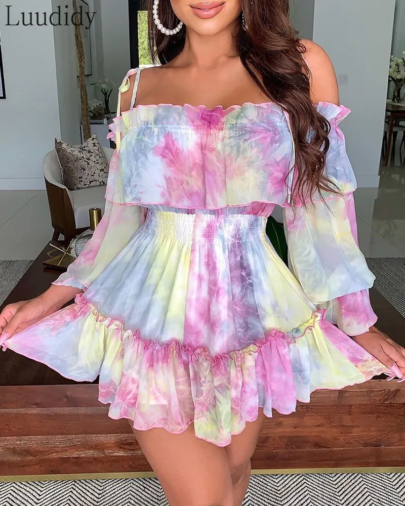 

Women Sexy Tie Dye Print Off Shoulder Ruffles Dress