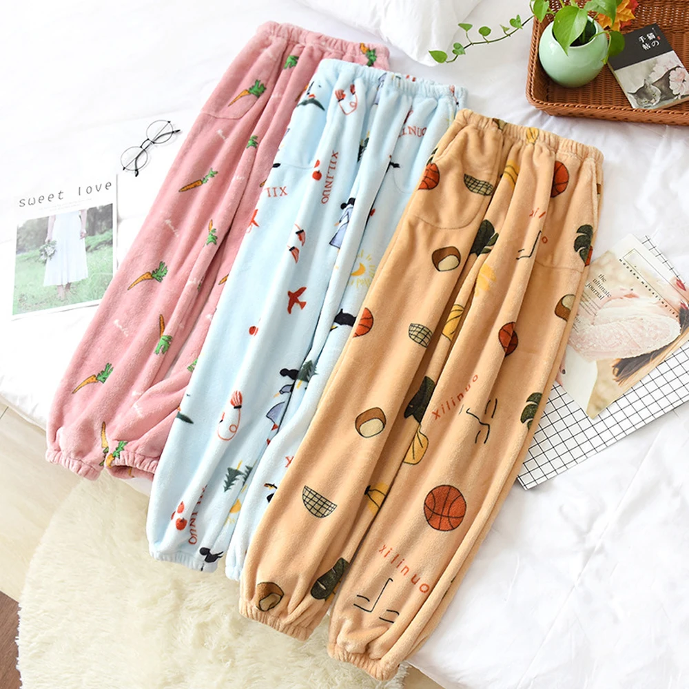 Зимняя Пижама домашние штаны для женщин эластичные брюки Свободные Теплые