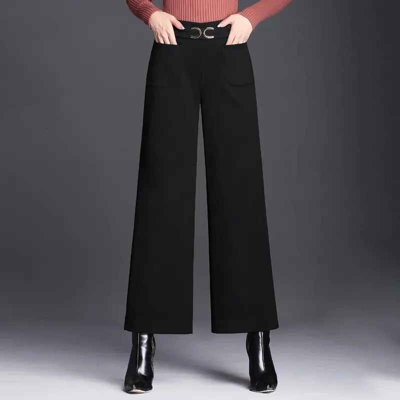 

High Waist Woolen Cotton Wide Leg Pants Women 2020 Autumn Winter Warm Elegant Office Ladies Straight Trousers Female Plus Size