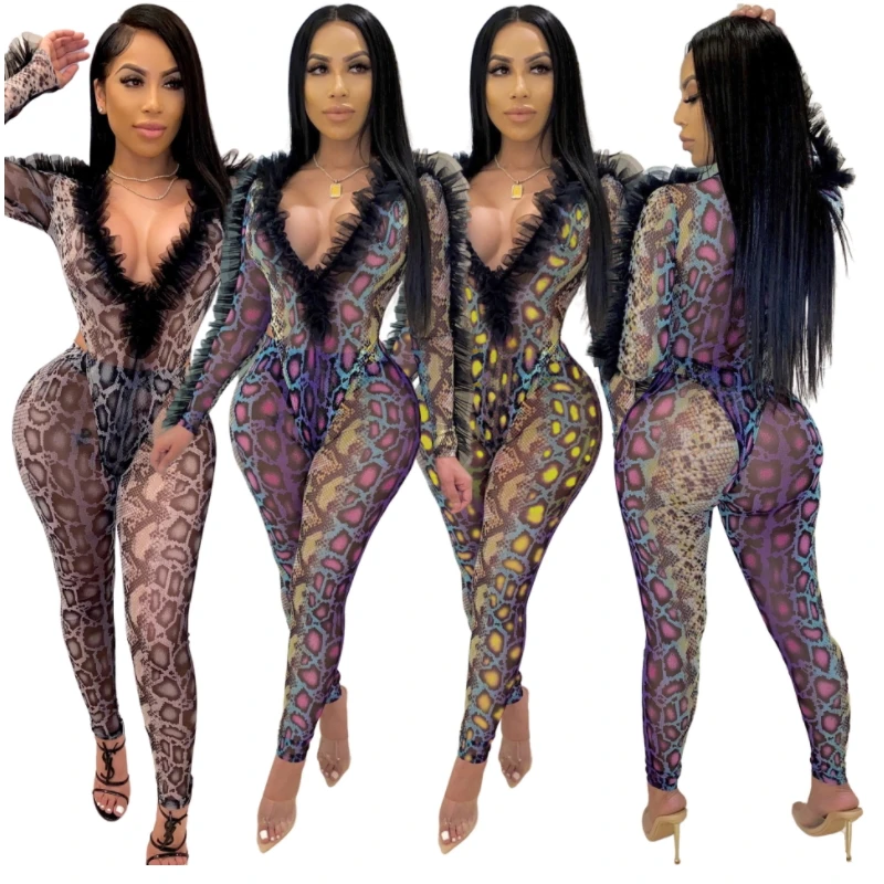 

Snake Skin Printed Two Piece Set Deep V Neck Ruched Ruffles Mesh Bodycon Bodysuit Long Pants Sweat Suit Sexy Club Wear Tight Fit